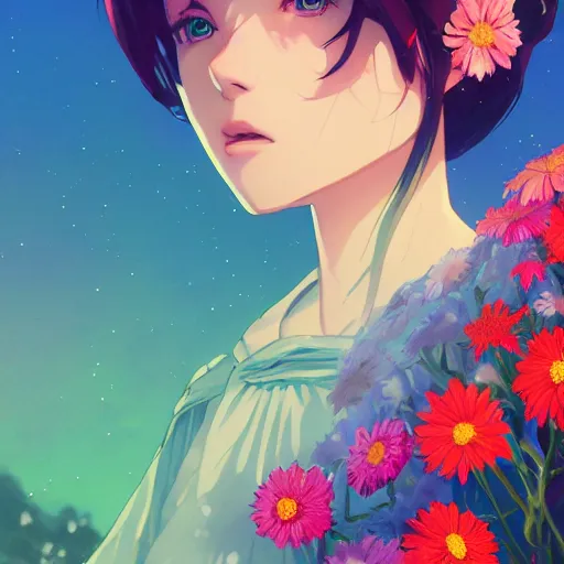 Image similar to portrait of Anya joy Taylor, field of flowers background, rich vivid colors, ambient lighting, dynamic lighting, 4k, HQ, official media, anime key visual, makoto shinkai, ilya kuvshinov, lois van baarle, rossdraws, detailed, trending on artstation