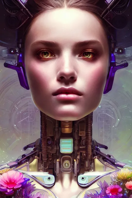 Prompt: beautiful female mechanical android!, half portrait, neon flowers, intricate detailed environment, photorealistic!, floro details, intricate, elegant, highly detailed, digital painting, artstation, concept art, smooth, sharp focus, illustration, art by artgerm and greg rutkowski and alphonse mucha