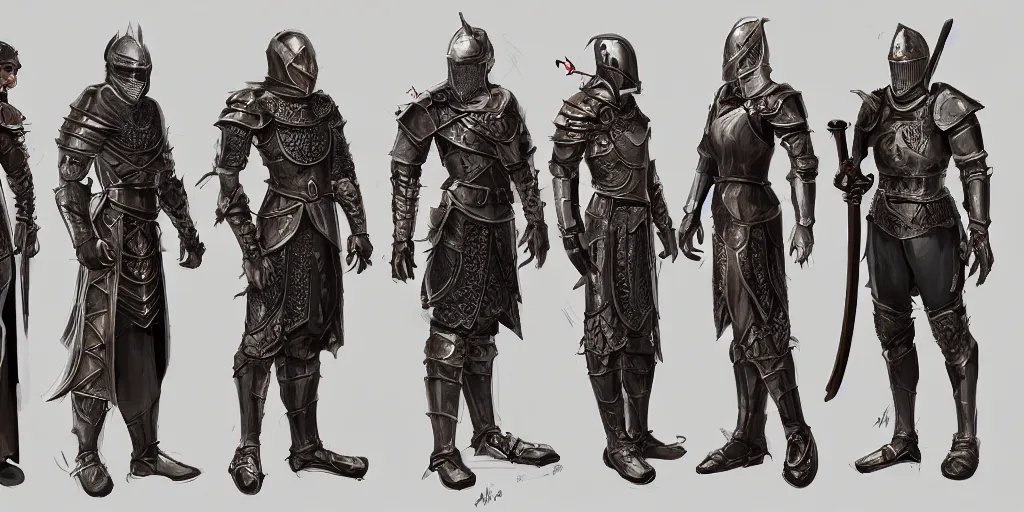 Image similar to different views medieval knights, intricate!! concept art by senior character artist, trending on artstation, full body character design