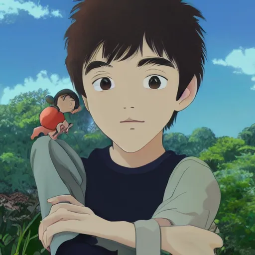 Prompt: teenager boy with Fragile looking beautiful portrait face with a small friendly creature made by Studio Ghibli highly detailed art, beautiful scene, sharp focus, smooth, 8k, anime art, nostalgic