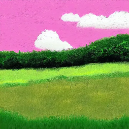 Prompt: digital art of a lush green field and a big pink sky with big fluffy clouds