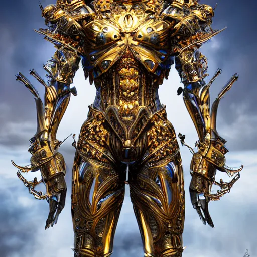 Image similar to a beautiful symmetrical muscular body wearing an armor made of golden ornaments and gems by alex gray and android jones , Karol Bak, Ayami Kojima, Amano , 3D, 8k resolution