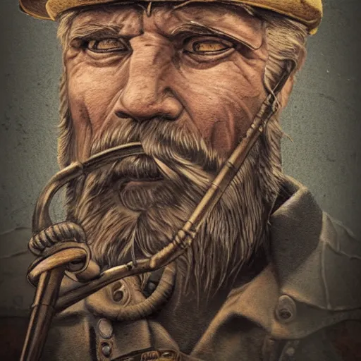 Prompt: a portrait of an old man who is a captain of a boat, weathered, in the style of steampunk, tattoo of boat on chest, holding a spear, retro, with beard and scar on face. trending on artstation, ambient lighting, 4k render, ultra hd:: behance art