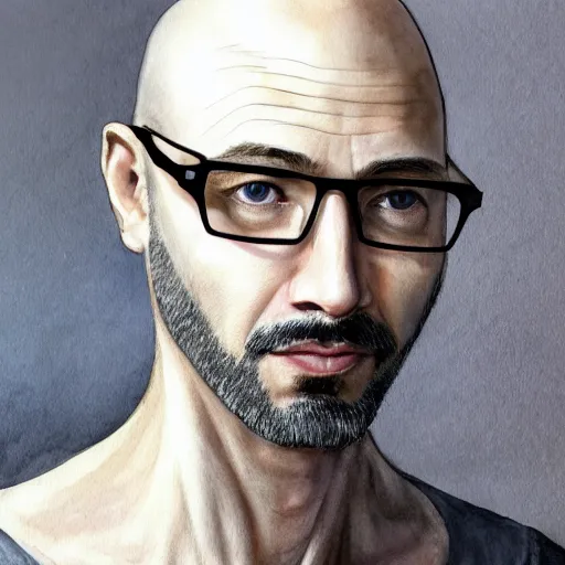 Prompt: Portrait of a bald man with a patrician nose, glasses, and a goatee, Watercolor, photorealistic, high resolution, award winning, trending on artstation, olive skin, long dark hair, beautiful bone structure, intricate, elegant, highly detailed, digital painting, artstation, concept art, smooth, sharp focus, illustration, art by artgerm and greg rutkowski and alphonse mucha