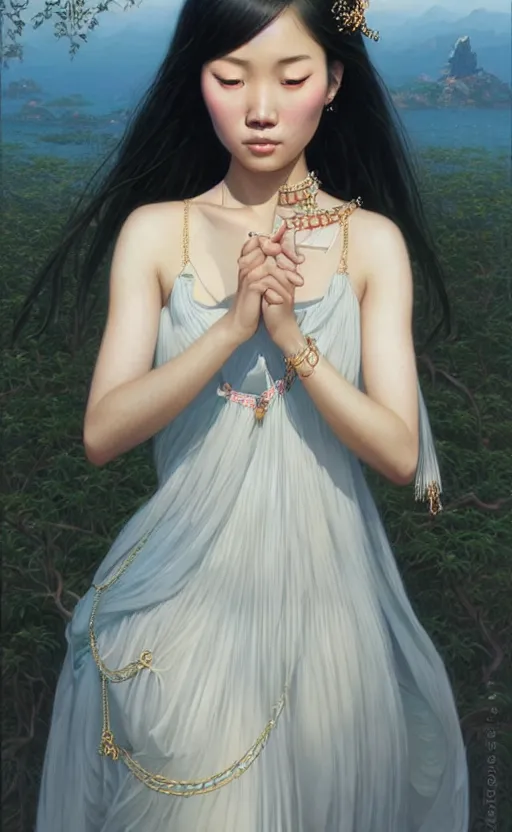 Image similar to a beautiful young charming asian goddess with sundress + jewelry + shinny eyes | | winter, symmetric, realistic shaded, unpleasant face, good looking, fine details, dior, lv, realistic shaded lighting poster by greg rutkowski, macoto takahashi, magali villeneuve, artgerm, jeremy lipkin and michael garmash