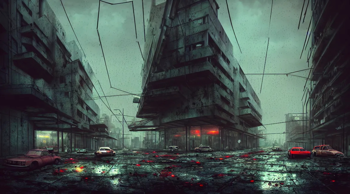 Image similar to post apocalyptic city building, raining, building, avenue, modern contemporary urban americana concrete architecture, paved roads, by shaddy safadi trending on artstation, photorealistic, neon ambiance, ultra detailed, high definition, depth of field, bokeh, wild vegetation, blood stains, crumbling, post - apocalyptic warriors