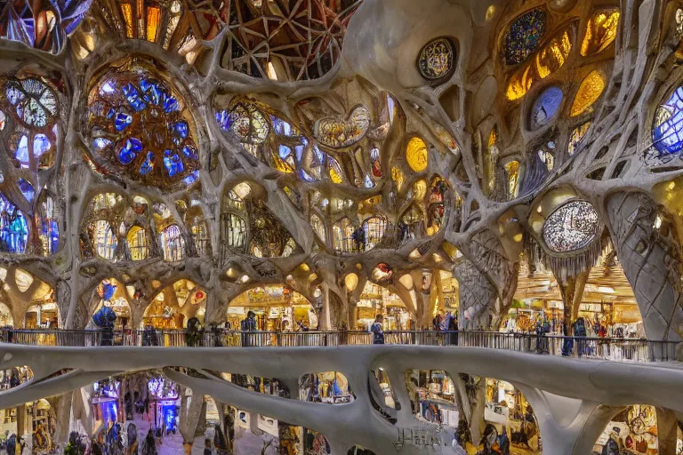 Image similar to A shopping mall, designed by Gaudí, inspired on La Sagrada Familia, gothic, photorealistic, concept 4k, highly detailed, hyper realistic