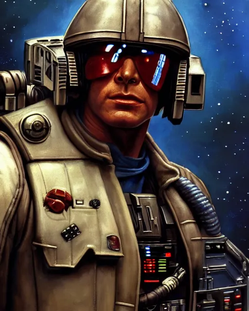 Prompt: character portrait closeup 4 0 years old han solo harrison ford space marine bounty hunter standing in the cockpit of the millennium falcon, confident, character design, painting by gaston bussiere, katsuya terada, frank frazetta, tom of finland, wlop, artgerm, dan mumford, action pose, trending on artstation, octane