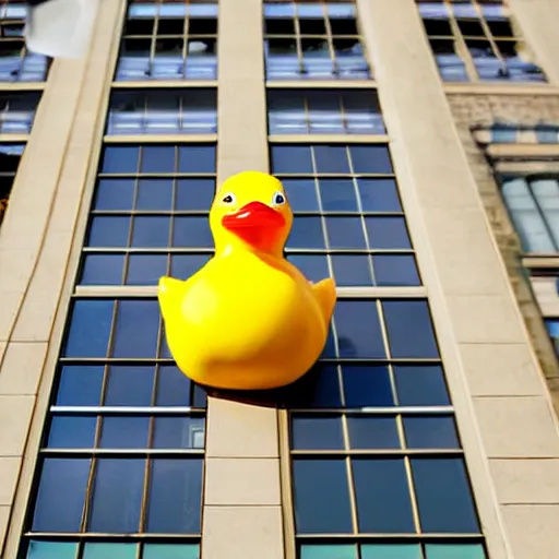 Prompt: a mile tall rubber duck in a city, point of view looking up from the street, photograph