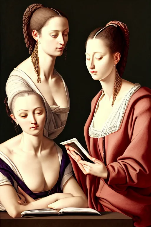 Image similar to portrait of two wise and very beautiful women reviewing some texts, art by tiziano, intricate, elegant, highly detailed, smooth, sharp focus, artstation