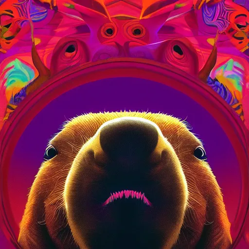 Prompt: portrait of a capybara in the movie fear and loathing in las vegas, extremely detailed, psychedelic, trippy, digital painting, centered, cinematic lighting, vertical symmetry, trending, artstation