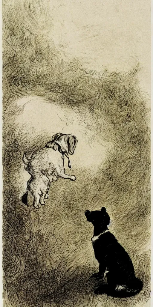 Image similar to jack russel dog looking up, silhouette, highly detailed illustrated by peggy fortnum and beatrix potter and sir john tenniel