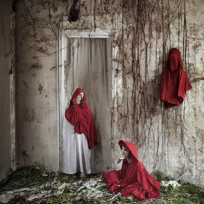 Prompt: a woman wearing a hooded cloak made of zinnias and barbed wire, in a derelict house, by Martin Schoeller, natural light, detailed face, CANON Eos C300, ƒ1.8, 35mm, 8K, medium-format print