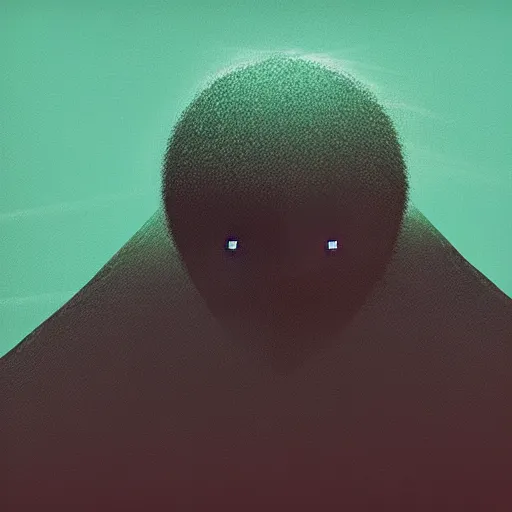 Image similar to creepy unsettling distant otherworldly being staring directly into the camera in an alien landscape, abstract art, surreal, horror, minimalist, retrofuturism, digital art