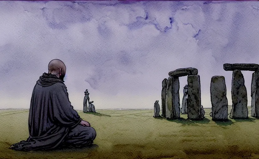 Image similar to a hyperrealist watercolour character concept art portrait of one small grey medieval monk kneeling in prayer as stonehenge rocks float in the air above him. it is a misty night. by rebecca guay, michael kaluta, charles vess and jean moebius giraud