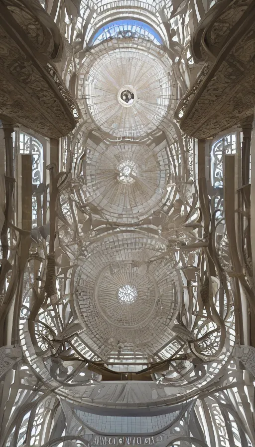 Image similar to Looking up into interior of art nouveau architecture tower inspired by interior of Cappella della Sacra Sindone, tiny angel floating in center, Otto Wagner, volumetric light, highly detailed, hyperrealism, a sense of awe, octane render, unreal engine, cinematic, epic, deep depth of field, dutch angle, one-point perspective, 8k