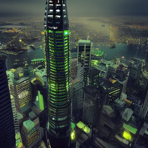 Image similar to auckland sky tower furturistic, green lighting, cyberpunk, evil, artstation, octane render