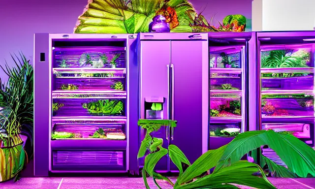 Prompt: purple refrigerator in a vaporwave jungle, 4k Photograph