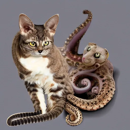 Image similar to hybrid cat and octopus, photograph, highly realistic