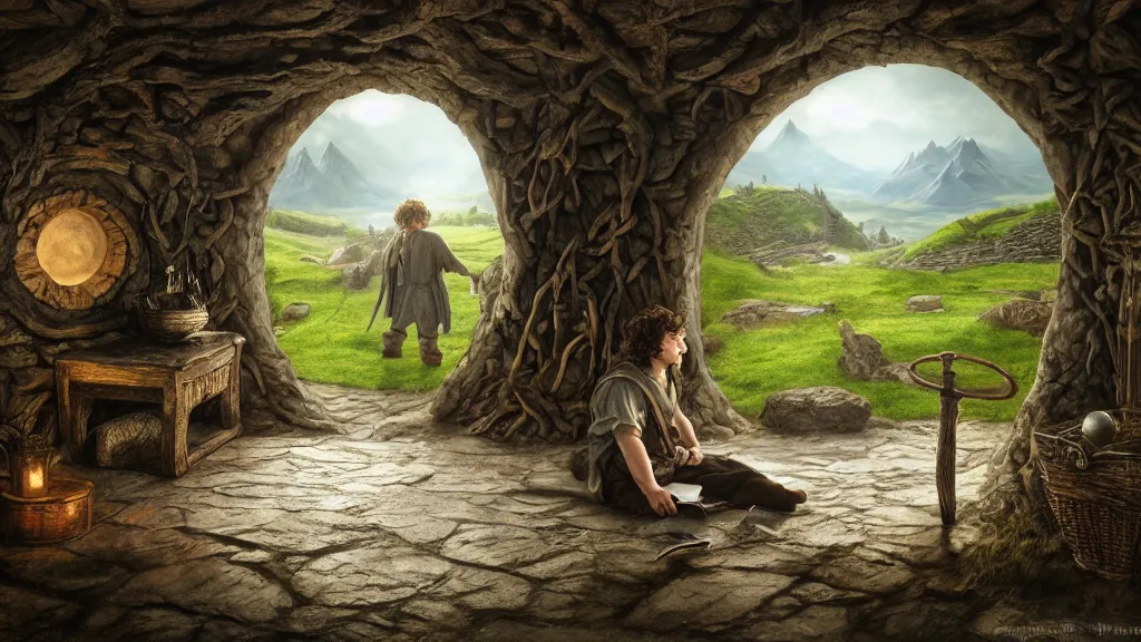 Prompt: frodo writing in his journal inside his hobbit hole bag end at the end of his journey, hobbiton visible through a window, by alan lee, michal karcz, smooth details, lord of the rings, game of thrones, smooth, detailed terrain, oil painting, trending artstation, concept art, fantasy matte painting