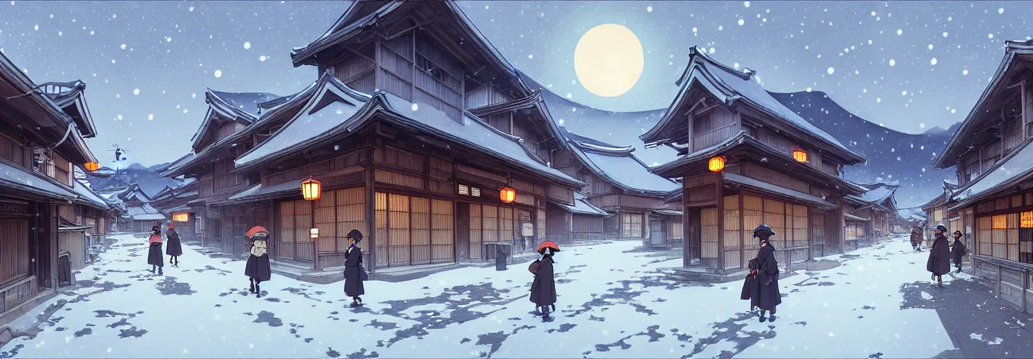 Image similar to empty rural japanese town at night, winter, in the style of studio ghibli, j. c. leyendecker, greg rutkowski, artem