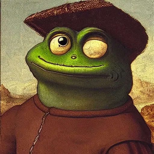 Image similar to oil painting of pepe the frog as aristotle by leonardo da vinci