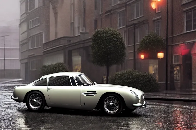 Image similar to a wholesome animation key shot of!! one!! focused!! aston martin db 5!!, in a wet london street, raining, wide shot, studio ghibli, pixar and disney animation, sharp, very detailed, high resolution, rendered in unreal engine 5, anime key art by greg rutkowski, bloom, atmospheric lighting