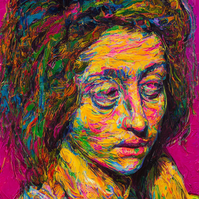 Image similar to close up studio portrait of lovely hippy chick symmetrical face with her hair in a patterned bandana in 1972, impasto heavy brushstrokes oil painting by Lucian Freud and Tim Hawkinson and Cy Twombly, Intense colors trending on artstation dramatic lighting Expressionism