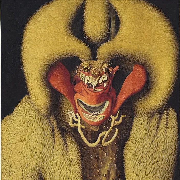 Image similar to close up portrait of an overdressed mutant monster creature with snout, horns, insect wings, unibrow, piercing eyes, toxic smile. jan van eyck, audubon