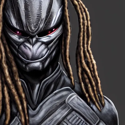 Image similar to character digital painting of an alien with dreadlocks and wearing grey high tech armor, The Predator, Yautja, hyperdetailed, trending on Artstation