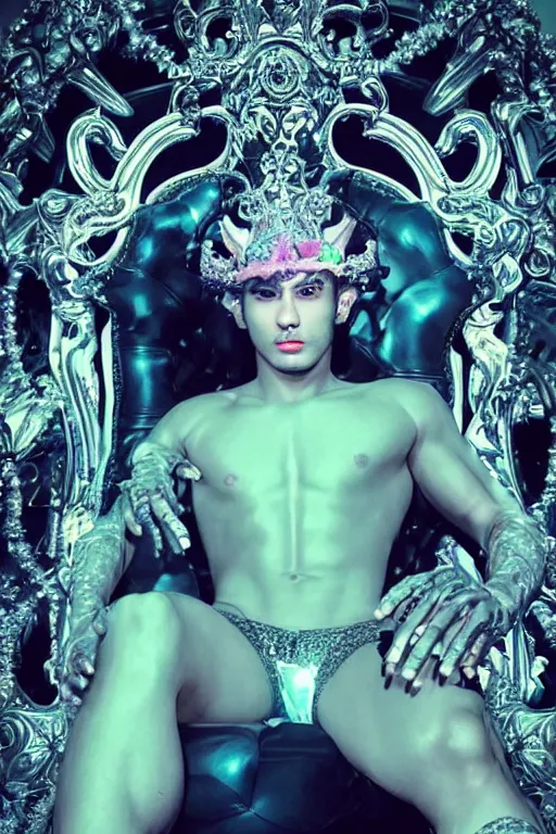 Image similar to full-body rococo and cyberpunk style neon statue of a muscular attractive Zayn Malik macho dotado e rico android sim roupa reclining con las piernas abertas e la piroca dura, glowing white lasers, glowing eyes, silver prince crown, black gears, pink diamonds, swirling mint-colored silk fabric. futuristic elements. ethereal white dripping tar. full-length view. human skulls. large pink balloon animals. intricate artwork by caravaggio. Trending on artstation, octane render, cinematic lighting from the right, hyper realism, octane render, 8k, depth of field, 3D