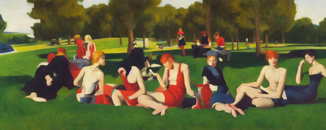 Image similar to an edward hopper style painting of a young generation z group of friends drinking in a park on sundah