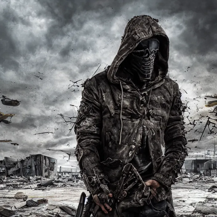 Image similar to gritty hooded apocalyptic man standing in destroyed airport, hyper - detailed, smooth, sharp focus, 4 k ultra hd, fantasy dark art, apocalyptic art