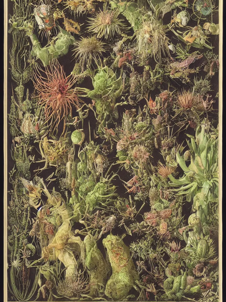 Prompt: moths and bats and glowing cactus, by ernst haeckel and by walton ford