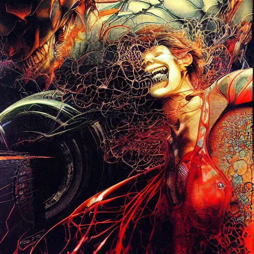 Prompt: realistic detailed image of Sharp Futuristic Sports Car by Ayami Kojima, Amano, Karol Bak, Greg Hildebrandt, and Mark Brooks, Neo-Gothic, gothic, rich deep colors. Beksinski painting, part by Adrian Ghenie and Gerhard Richter. art by Takato Yamamoto. masterpiece