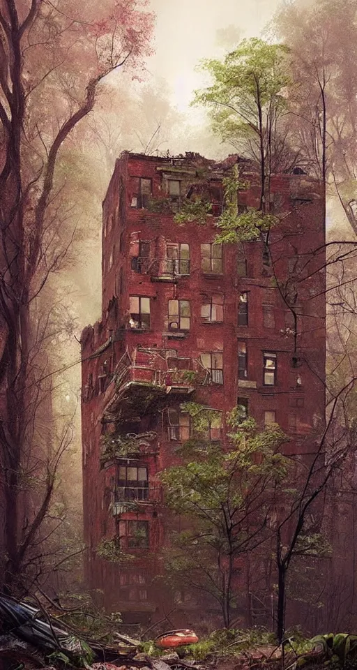 Image similar to (((((a ramshackle manhattan brick brownstone deep in the forest, completely overgrown))))) by Max Maximov!!!!!!!!!!!!!!!!!!!!!!!!!!!