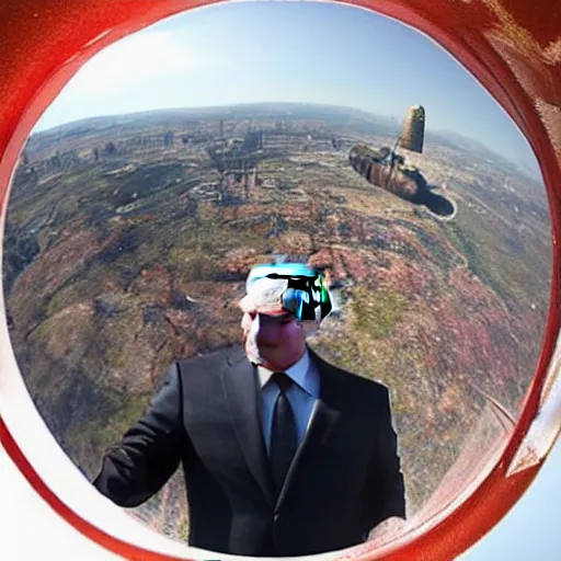 Image similar to putin on a bear, fish eye, atomic bomb in background