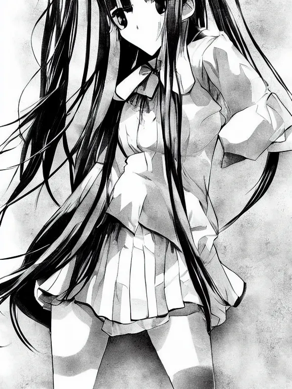 Prompt: beautiful manga high school girl, full body, grayscale comic book artstyle by tetsuo hara
