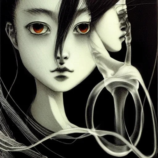 Image similar to prompt: Black and white Fragile looking vessel portrait face drawn by Katsuhiro Otomo, nymph in the water performing alchemy, intricate oil painting, soft light, intricate detail, intricate oil painting detail, sharp high detail, manga and anime 2000