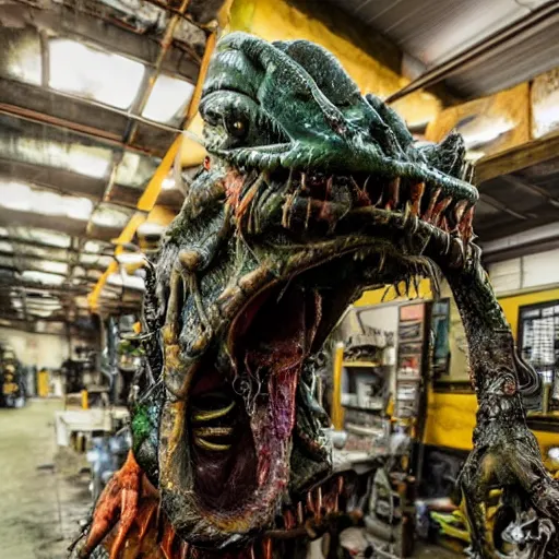 Prompt: photo taken of an epic intricate, ultra detailed, super realistic gritty, hero prop, exquisitely painted animatronic movie prop of a grotesque wet, slimy nightmarish hellish alien creature displayed in the workshop, created by weta workshop, full body shot, photorealistic, sharp focus