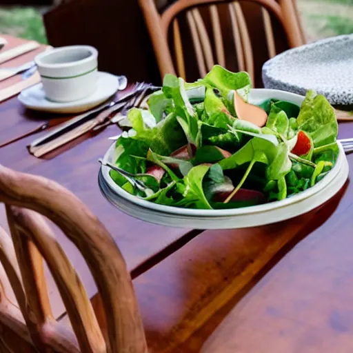 Image similar to a chair eating a salad at a table