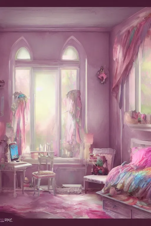 Prompt: matte sharp painting shabby chic room with windows mark rydel, artgerm, lisa frank, artstation behance storybook