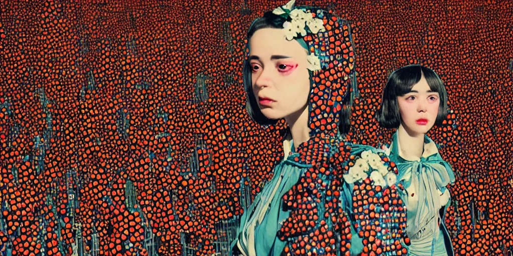 Image similar to cyberpunk girl, vintage style, wrapped in flowers and wired, in the style of yayoi kusama, by barry lyndon, ultra detailed, high resolution, cinematic