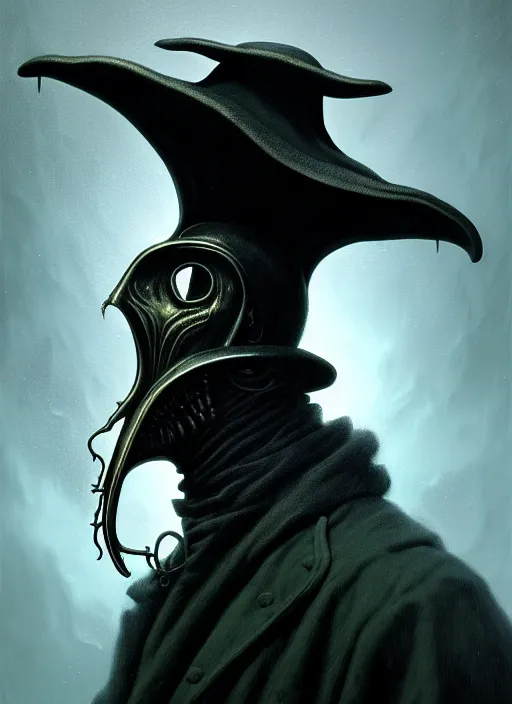 Prompt: stunning portrait of grotesque and horrifying plague doctor, victorian era, lovecraftian horror, cosmic horror!! cinematic lighting, horror fiction, digital art, winning award masterpiece, fantastically beautiful, aesthetically inspired by wayne barlowe and gerald brom, trending on artstation, art by greg rutkowski and h r giger, octane render, 8 k