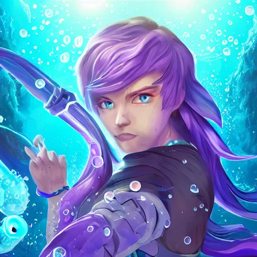 Image similar to female water mage, high quality character design, action pose, symmetrical face : : spotlight, magical, seapunk, seaweed, bubbles, high detail, 1 6 k, oled, shadows, reflections, digital art, official art