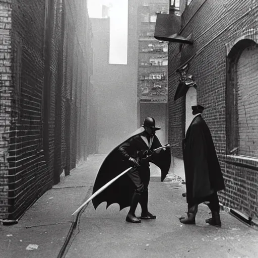 Image similar to old black and white photo, 1 9 2 5, depicting batman fighting a gangster in an alley of new york city, tommy gun, rule of thirds, historical record