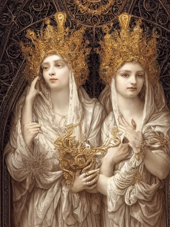 Image similar to a beautiful render of two baroque catholic veiled queen with symmetry intricate detailed heart,relief sculpture,pray,by Lawrence Alma-Tadema, Maria Mirage,peter gric,aaron horkey,Billelis,trending on pinterest,hyperreal,gold,silver,ivory,maximalist,glittering,golden ratio,cinematic lighting