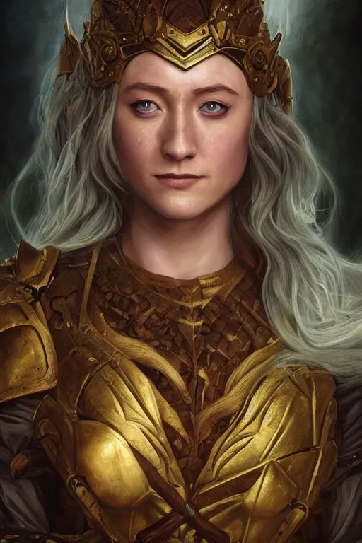 Image similar to A fantasy comic book style portrait painting of, hybrid of Saoirse Ronan, Cory Chase, as an Atlantean, Reptilian Warrior, Mystical Valkyrie, Armor, Sword, Spear, Sheild, François Boucher, Oil Painting, unreal 5, DAZ, hyper realistic, Photorealistic, octane render, Regal, Refined, Coherent, Detailed Digital Art, RPG portrait, William-Adolphe Bouguereau, Michael Cheval, Walt Disney (1937), Steampunk, golden dappled lighting, dynamic lighting, Highly Detailed, Cinematic Lighting, Unreal Engine, 8k, HD