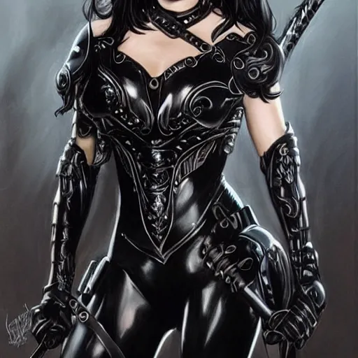 Image similar to a beautiful warrior woman with dark hair, wearing black catsuit and plates of black body armour, she is holding a long staff, intricate, elegant, highly detailed, detailed face, smooth, sharp focus, high contrast, graphic novel, art by stanley lau artgerm,