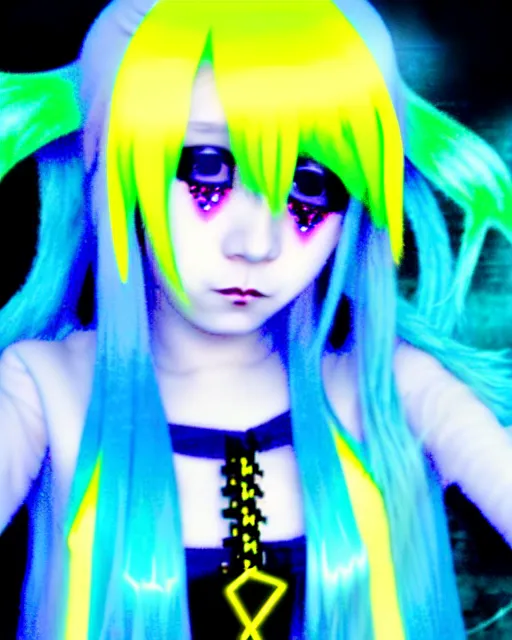 Prompt: a hologram of rimuru tempest with golden yellow eyes and sky blue hair, wearing black cybergoth emo stylish fashion clothing, holography, irridescent, baroque visual kei decora art